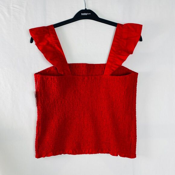 Old Navy Womens Top L Fitted Ruffle-Strap Fully Smocked Cropped Red NWT - Picture 2 of 9